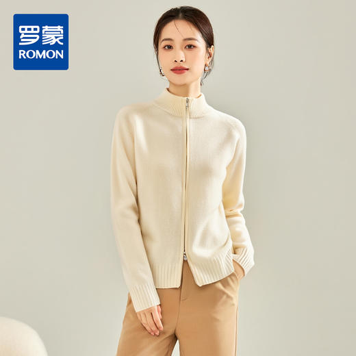 罗蒙秋冬女士开衫双头拉链羊毛衫外套绵羊毛山羊绒针织半高领外套上衣女 商品图0