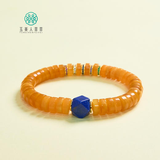 DS925蜜蜡单圈-花蜡药片搭青金石八棱珠手串 商品图0