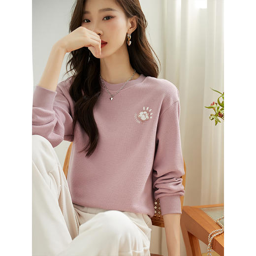 【年终特卖】熙世界华夫格卫衣女宽松休闲减龄小个子无帽圆领上衣2025秋新款 商品图4