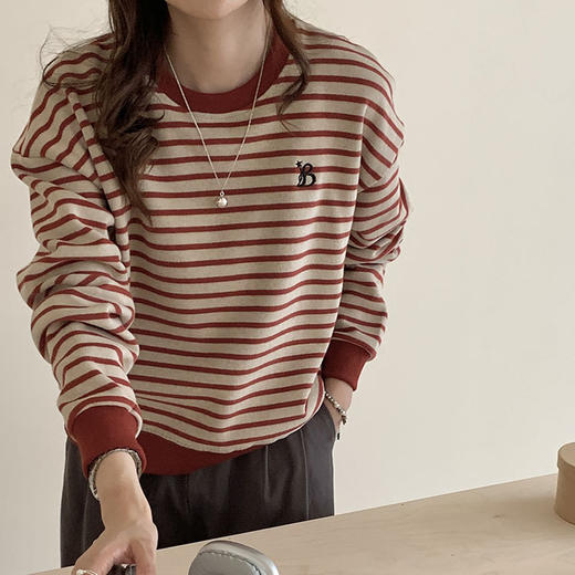百媚生 棉质刺绣字母撞色条纹圆领卫衣外套 商品图3