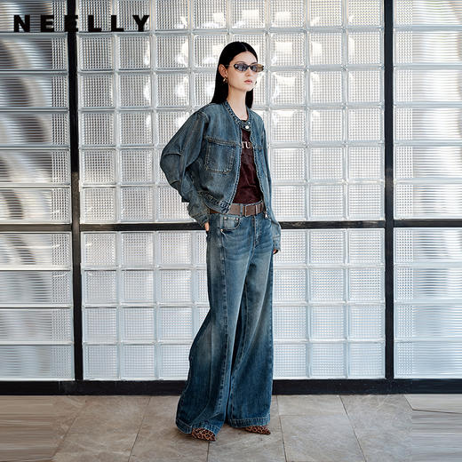 NEELLY纳俪商场同款秋季新款复古简约阔腿牛仔裤女直筒百搭长裤N25082H01101 商品图0