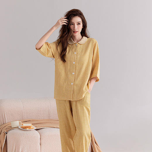 【双层纱七分袖细格纹睡衣】全棉双层纱家居服七分袖细格纹睡衣女士家居服套装 商品图0