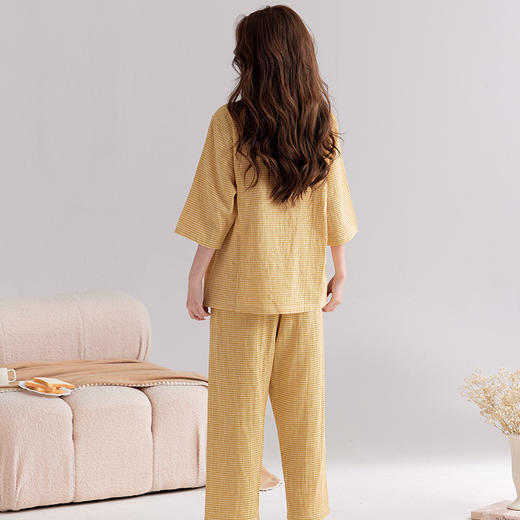 【双层纱七分袖细格纹睡衣】全棉双层纱家居服七分袖细格纹睡衣女士家居服套装 商品图1