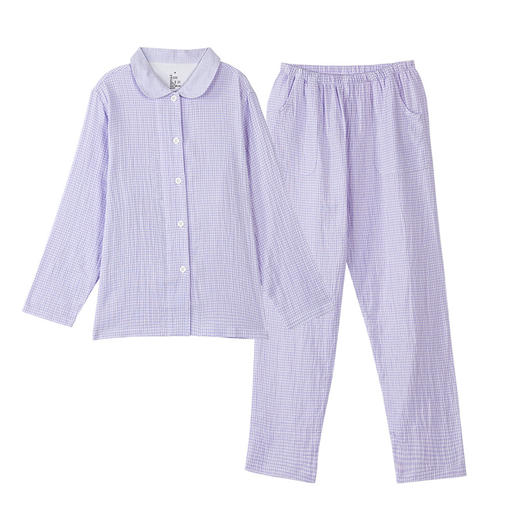 【双层纱七分袖细格纹睡衣】全棉双层纱家居服七分袖细格纹睡衣女士家居服套装 商品图6
