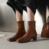 【预售5天】通勤方头高跟弹力瘦瘦靴女秋冬新款加绒简约百搭粗跟复古短靴WC&M3483 商品缩略图1