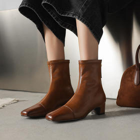 【预售5天】通勤方头高跟弹力瘦瘦靴，加绒简约百搭粗跟复古短靴WC&M3483