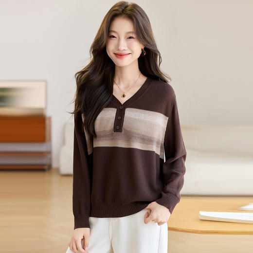 V领条纹针织衫，慵懒风宽松复古毛衣HR-J6896 商品图2