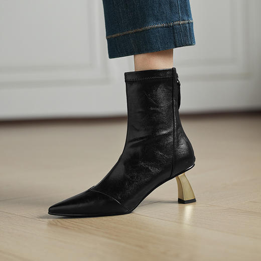 OLD 1266法式真皮尖头粗跟弹力显瘦短靴后拉链踝靴高跟 商品图3