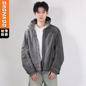 DRONKOO 2025 连帽前竖拉链装饰隐藏口袋洗水微阔中厚夹克