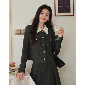 鹿向南「左岸呢语」小香风灰色翻领针织衫高级感外套上衣女2025秋