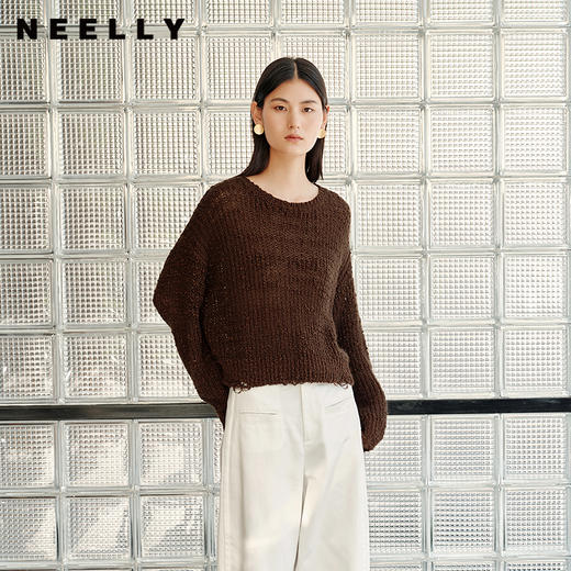 NEELLY纳俪商场同款秋季新款复古慵懒针织衫女宽松休闲百搭短上衣N25082A01078 商品图0