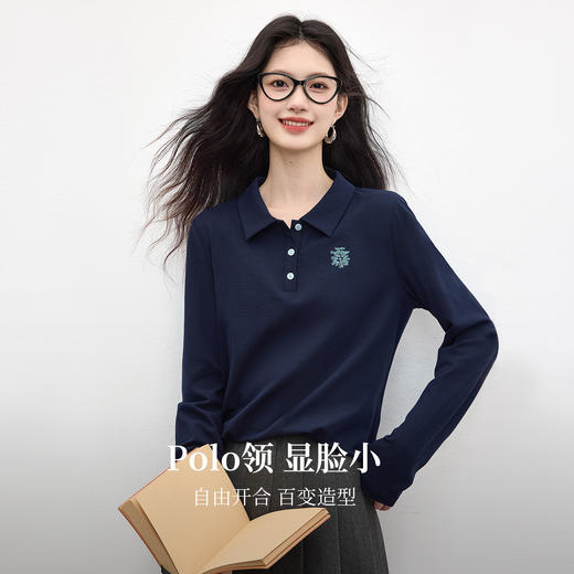 【09/17新品】熙世界小雏菊绣花POLO领T恤女长袖通勤休闲正肩上衣2025秋季新款 商品图2