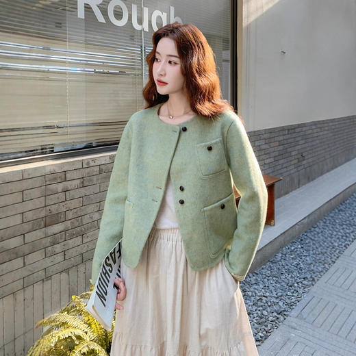 羊毛呢外套2025秋季新款女装圆领小香风绿色呢大衣SLYS9653 商品图0