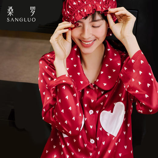 红运当头』桑罗爱心真丝睡衣套装100%桑蚕丝女款可外穿家居服送礼 商品图3