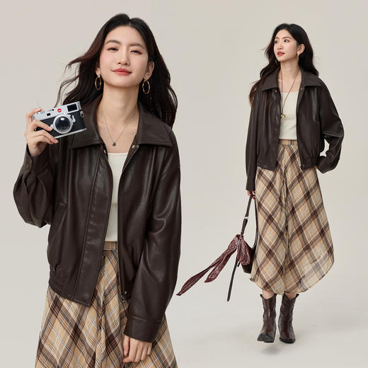 【09/17新品】熙世界可露丽风棕色皮外套女短款2025秋季新款复古PU夹克翻领皮衣 商品图3