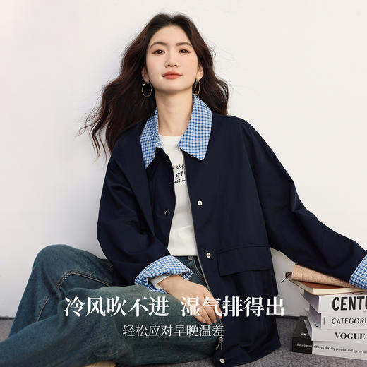 【09/17新品】熙世界假两件格子POLO领外套女2025秋季新款休闲拉链开衫短款上衣 商品图1