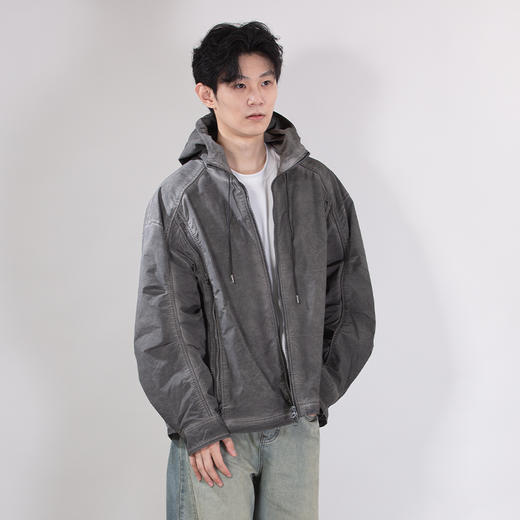 DRONKOO 2025 连帽前竖拉链装饰隐藏口袋洗水微阔中厚夹克 商品图2