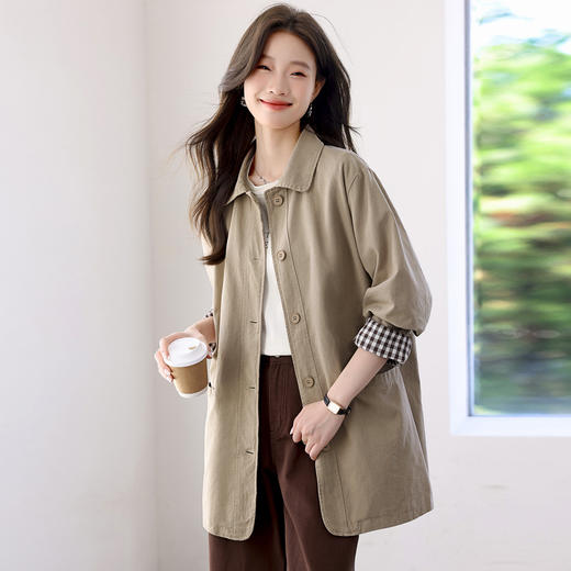 丁摩 纯棉翻领春秋风衣女中长款新款宽松休闲大码外套6ZF-2809 商品图1