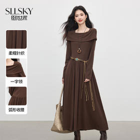 【09/17新品】熙世界可露丽棕色一字领针织连衣裙女2025秋新款复古气质优雅长裙
