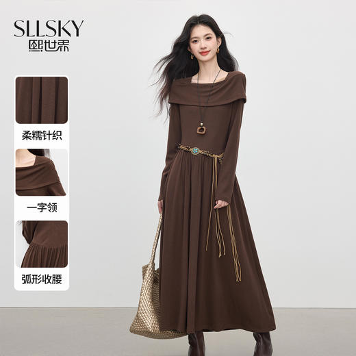 【09/17新品】熙世界可露丽棕色一字领针织连衣裙女2025秋新款复古气质优雅长裙 商品图0