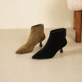 Westory2025年冬季绒面羊京尖头猫跟简约老钱风百搭短靴W25DS85561