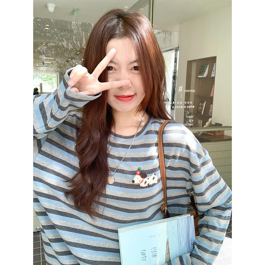 <曾小咸推荐>现货秒杀 ！微信超特价！条纹撞色小狗长袖T恤 日常129.99 立减60 秒杀69.99！！ 商品图0