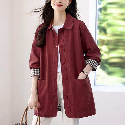 丁摩 纯棉翻领春秋风衣女中长款新款宽松休闲大码外套6ZF-2809 商品图0