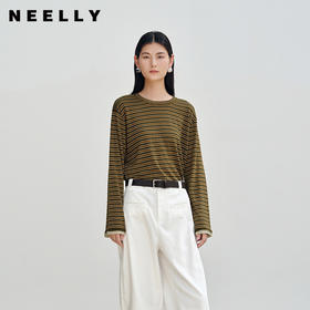 NEELLY纳俪商场同款秋新款经典复古条纹针织衫女撞色通勤长袖上衣N25082A01081