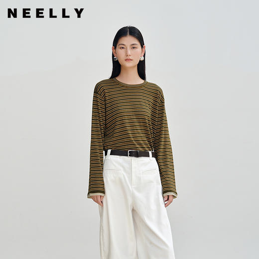 NEELLY纳俪商场同款秋新款经典复古条纹针织衫女撞色通勤长袖上衣N25082A01081 商品图0