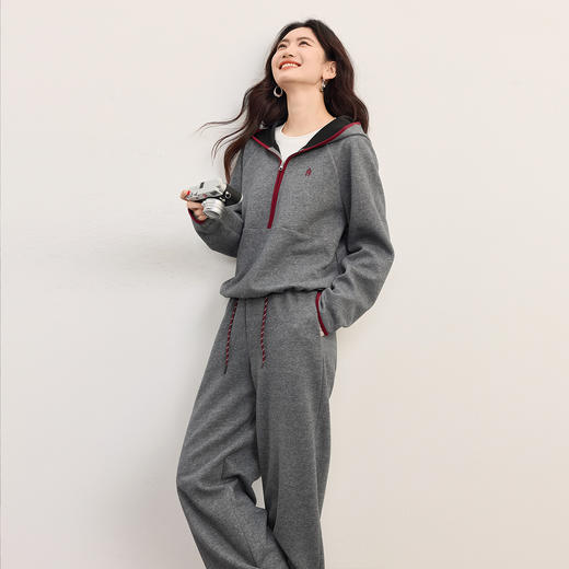 【09/17新品】熙世界格雷系灰调运动休闲套装女2025秋季撞色连帽卫衣裤子两件套 商品图4