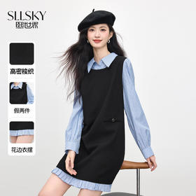 【09/17新品】熙世界MIU系学院风条纹长袖拼接假两件衬衫连衣裙女2025秋季新款