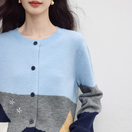 【09/17新品】熙世界18支珊瑚绒拼色针织开衫女2025秋冬新款圆领提花毛衣短外套 商品图4