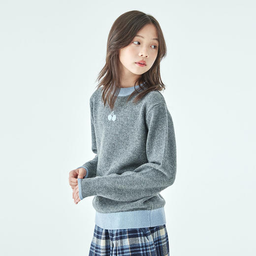 棵初2025年秋冬新款亲子中大女童撞色樱桃圆领毛衣全羊毛保暖上衣 商品图3