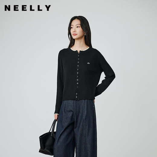 NEELLY纳俪商场同款秋季新款圆领俏皮针织开衫女时尚假两件上衣N25084A06625 商品图0