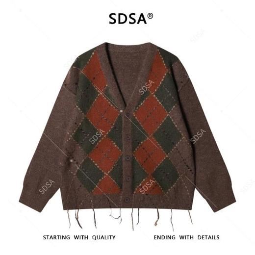 91289SDSA男士秋冬新款痞帅男装潮牌复古菱形格V领针织衫流苏开衫毛衣 商品图1