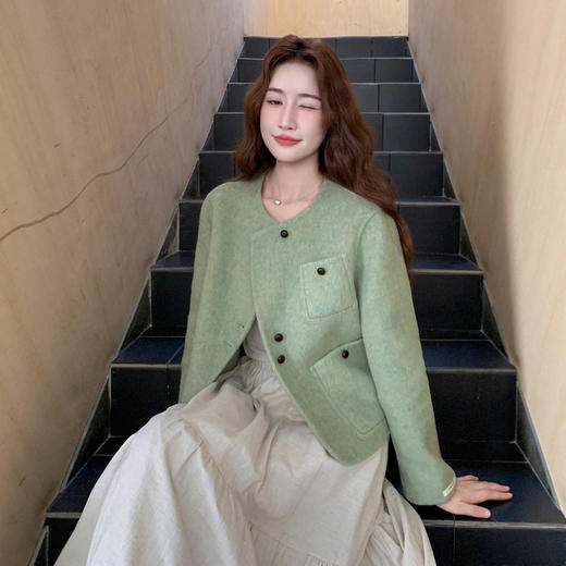 羊毛呢外套2025秋季新款女装圆领小香风绿色呢大衣SLYS9653 商品图3