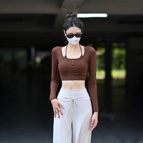 Beemen秋季新款耳挂脖假俩件瑜伽服 带胸垫一体式上衣 短款修身 健身普拉提外穿上衣