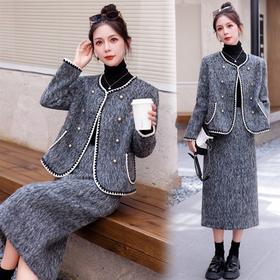 毛呢套装裙秋冬2025新款两件套毛呢外套半身裙高级感名媛套装YJLY8009