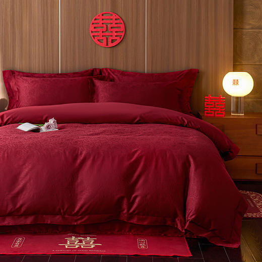 【长绒棉贡缎提花100S四件套】简约中式婚庆四件套长绒棉贡缎提花100S纯棉嫁娶红色全棉结婚床品 商品图3