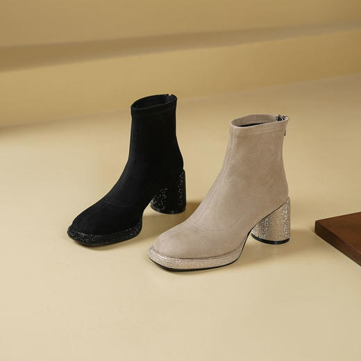Westory2025年冬季水台烫钻圆粗跟方头瘦瘦靴百搭包腿短靴W25DS85421 商品图0