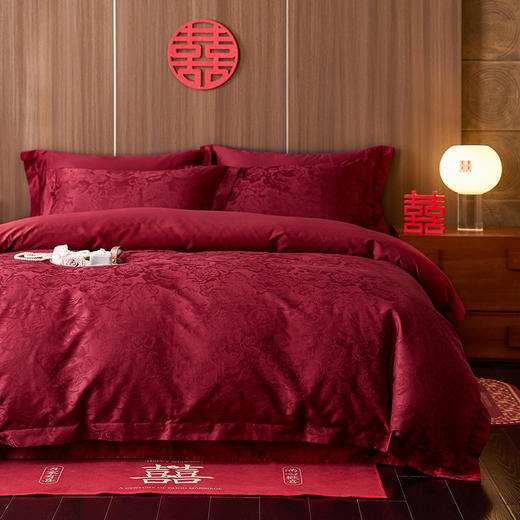 【长绒棉贡缎提花100S四件套】简约中式婚庆四件套长绒棉贡缎提花100S纯棉嫁娶红色全棉结婚床品 商品图1
