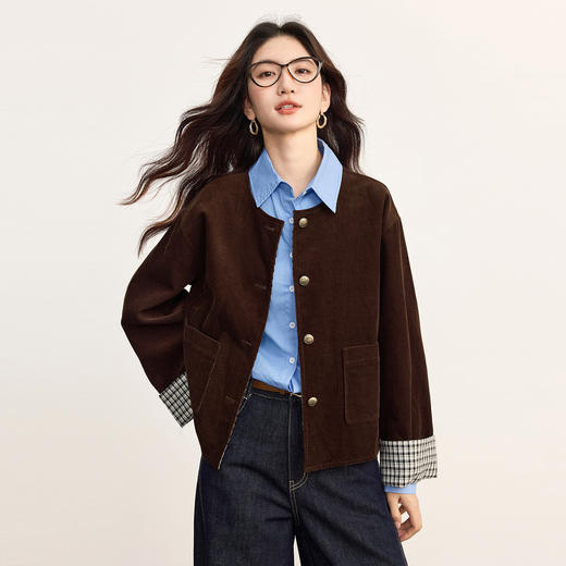 【周四狂欢价】熙世界复古回潮灯芯绒短外套女秋季气质宽松圆领格子拼接夹克上衣 商品图1