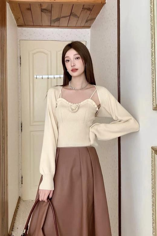 ANSUABEL 纯欲立体花朵吊带披肩针织套装 18863 商品图0