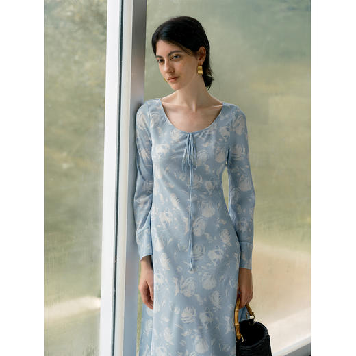 HeyDress印花斜裁剪圆领飘带连衣裙 商品图1