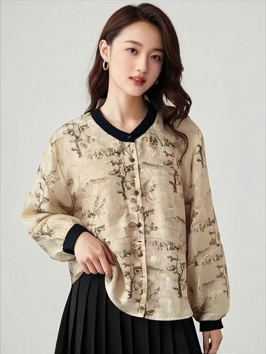 11.11直降到底！！【秋新品】古泥7579 新中式提花宽袖拼色领衬衫-喜出 商品图3