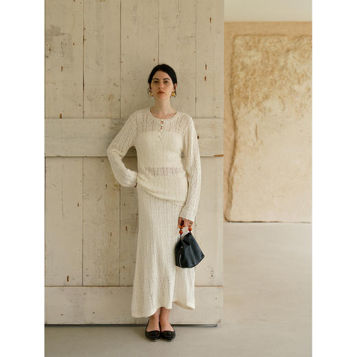 HeyDress镂空勾针圆领毛衣/钩针A摆松紧腰针织羊毛半裙 商品图1