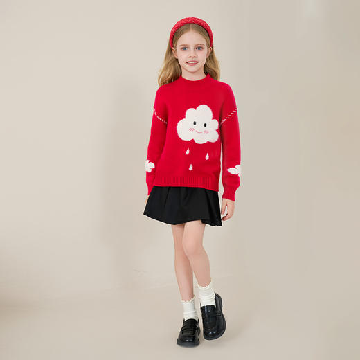 mettekids儿童100%羊绒衫2025秋冬新款女童红色套头针织云朵毛衣 商品图4