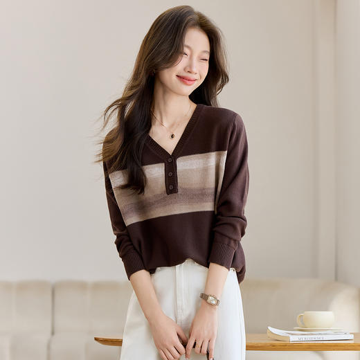 V领条纹针织衫，慵懒风宽松复古毛衣HR-J6896 商品图0