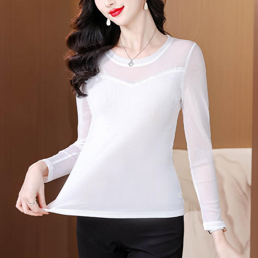 KQL C302N1776圆领钉珠双层网纱洋气修身T恤 商品图3