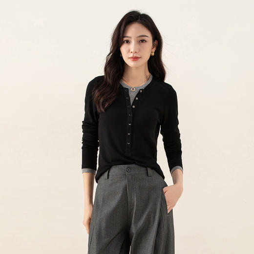 「高货xg」全新升级【铂金会员183/天猫239/差价56】(02114)洛诗琳拼接假两件T恤2025秋季洋气减龄显瘦天丝羊毛打底衫 商品图1